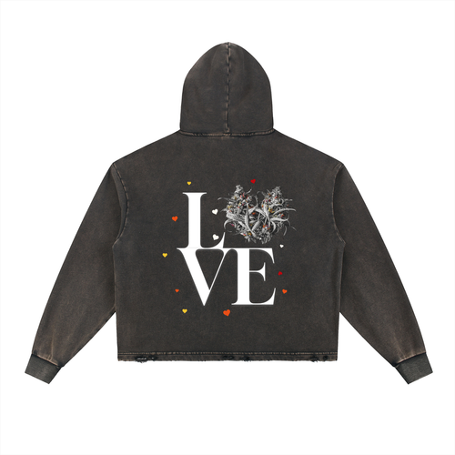 LOVE X HEART Washed Frayed-Hem Hoodie