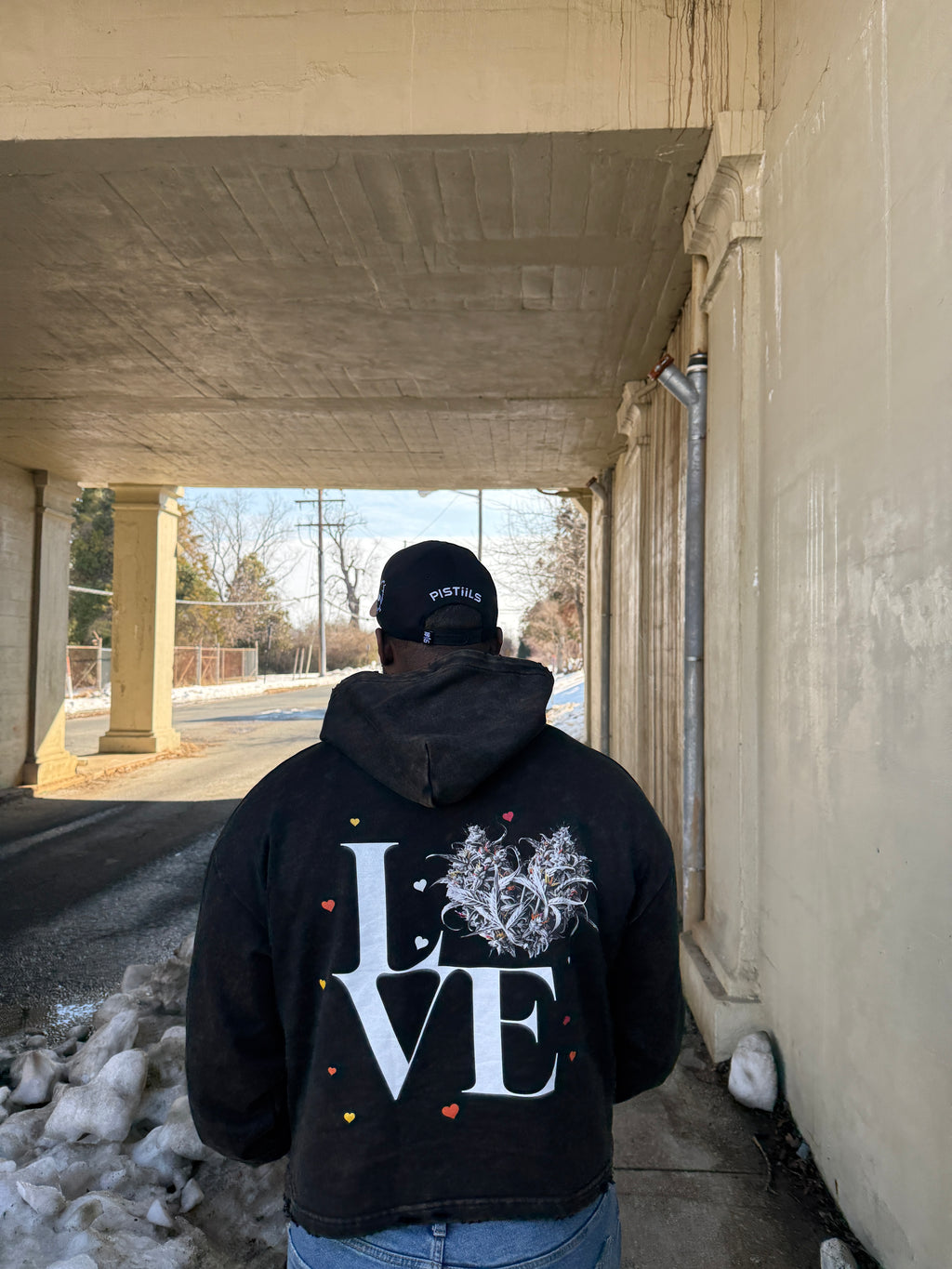 LOVE X HEART Washed Frayed-Hem Hoodie